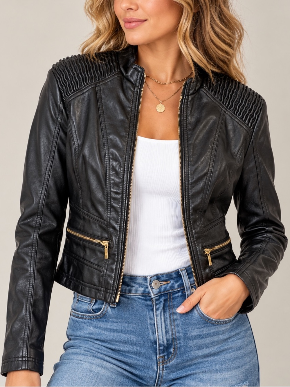 New Look Faux Leather Moto Jacket Black Gold Zip Ruched Shoulder Size Small